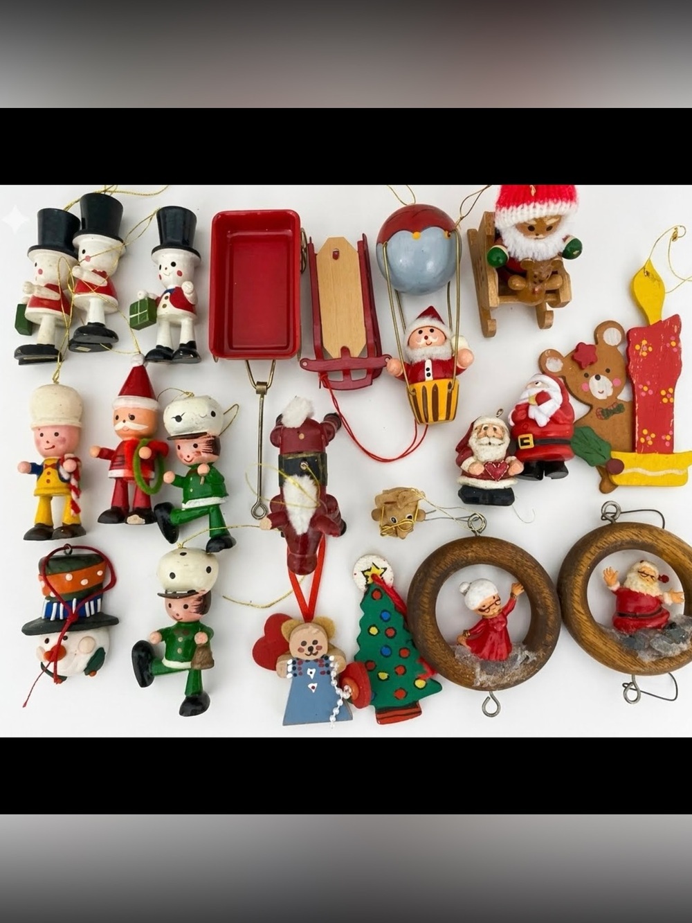 Vtg Wooden Christmas Kitschy Ornaments Lot 21 Hand Painted MCM Santa Nutcracker